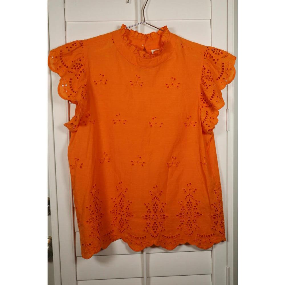 THML eyelet embroidered high-neck flutter-sleeve cotton top in orange